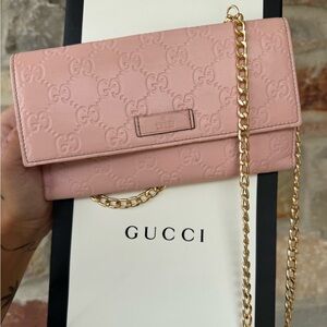 Gucci Pink GG Embossed Leather Crossbody with Gold Chain